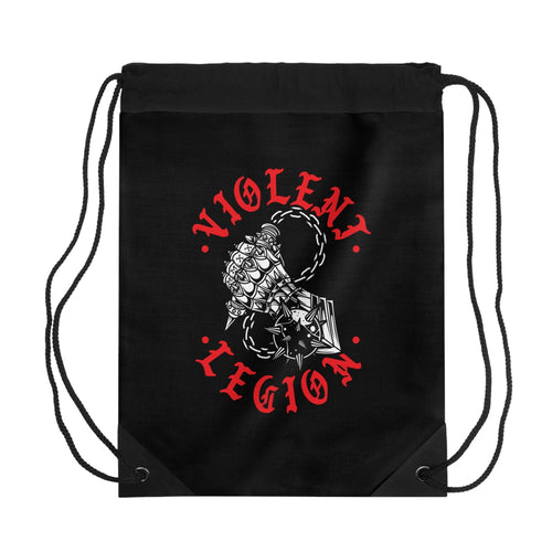 Black drawstring bag with 'Violent Legion' logo featuring an axe and red text on a white background.