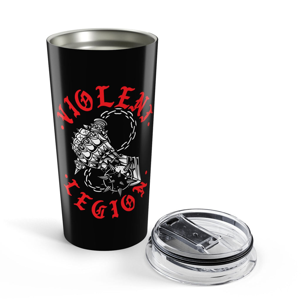 Black tumbler with red text and graphic design background