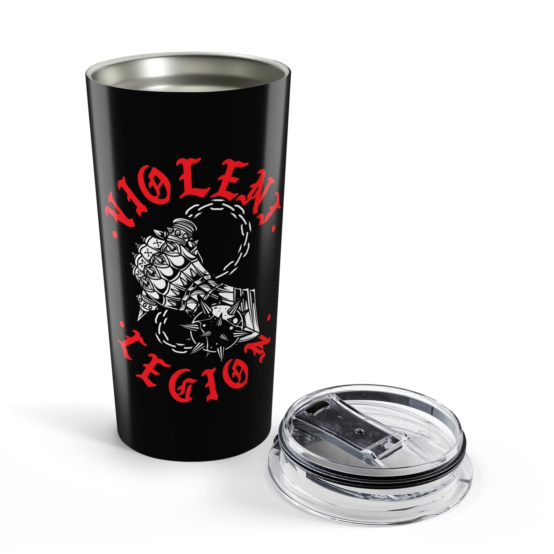 Black tumbler with red text and graphic design background